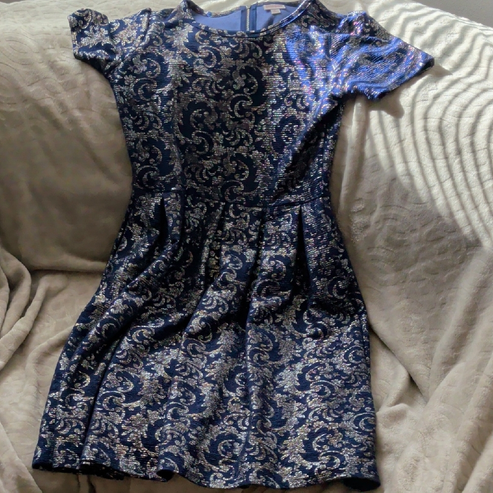 LuLaRoe Blue and Silver Patterned Dress